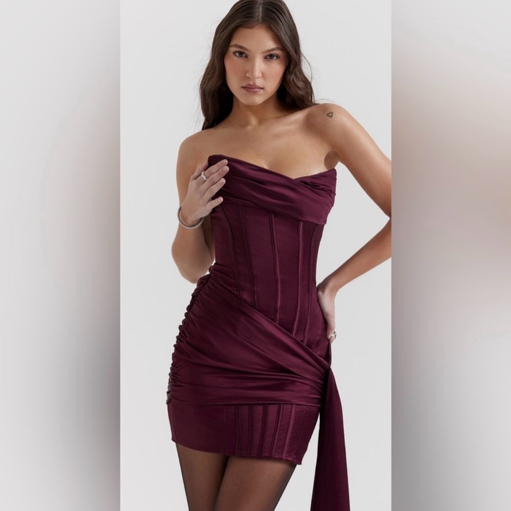 House of CB Loubella Mulberry Burgundy/Maroon Strapless Corset Dress (Small)